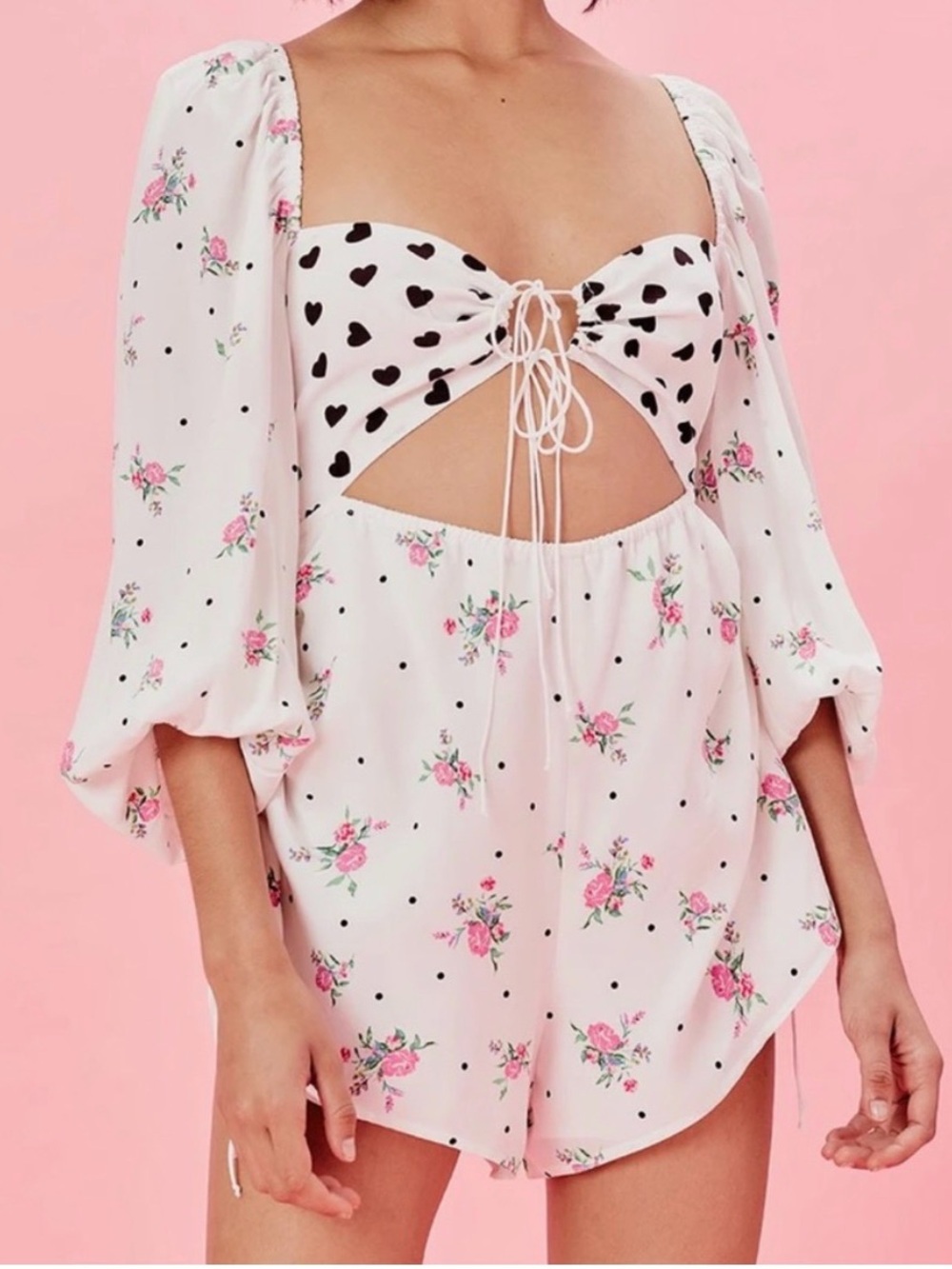 For Love of Lemons Dolly Romper White Floral Cutout Romper Heart Bust, Large
